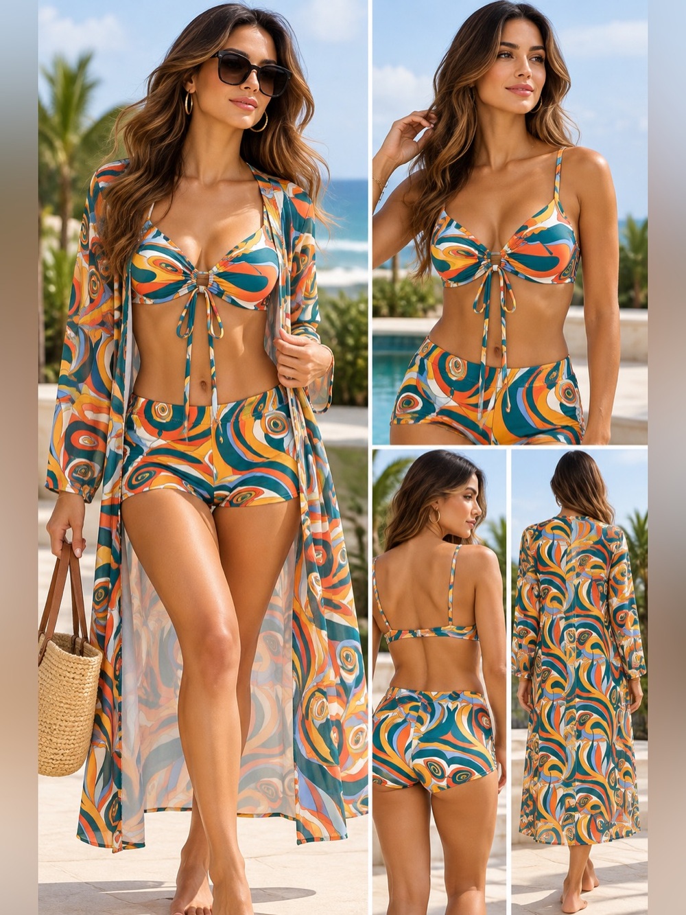 Women's Retro Swirl Print Bikini Set with Cover-Up - Multicolor